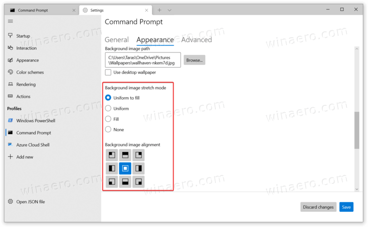 Параметры положения фонового изображения Windows Terminal