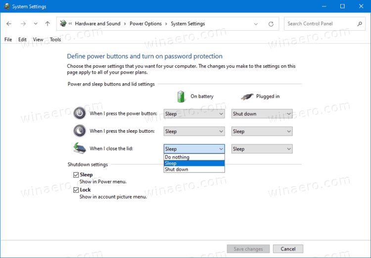 Изменить действие закрытия крышки по умолчанию в Windows 10