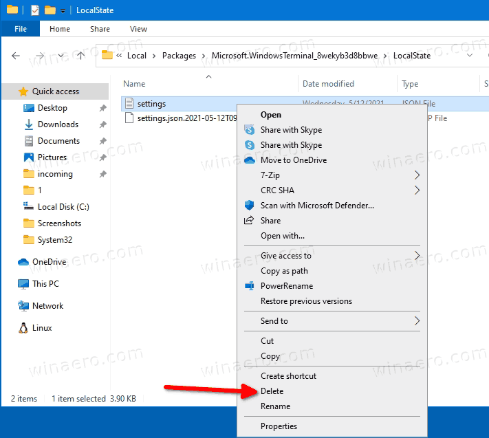 Delete Windows Terminal Settings Json