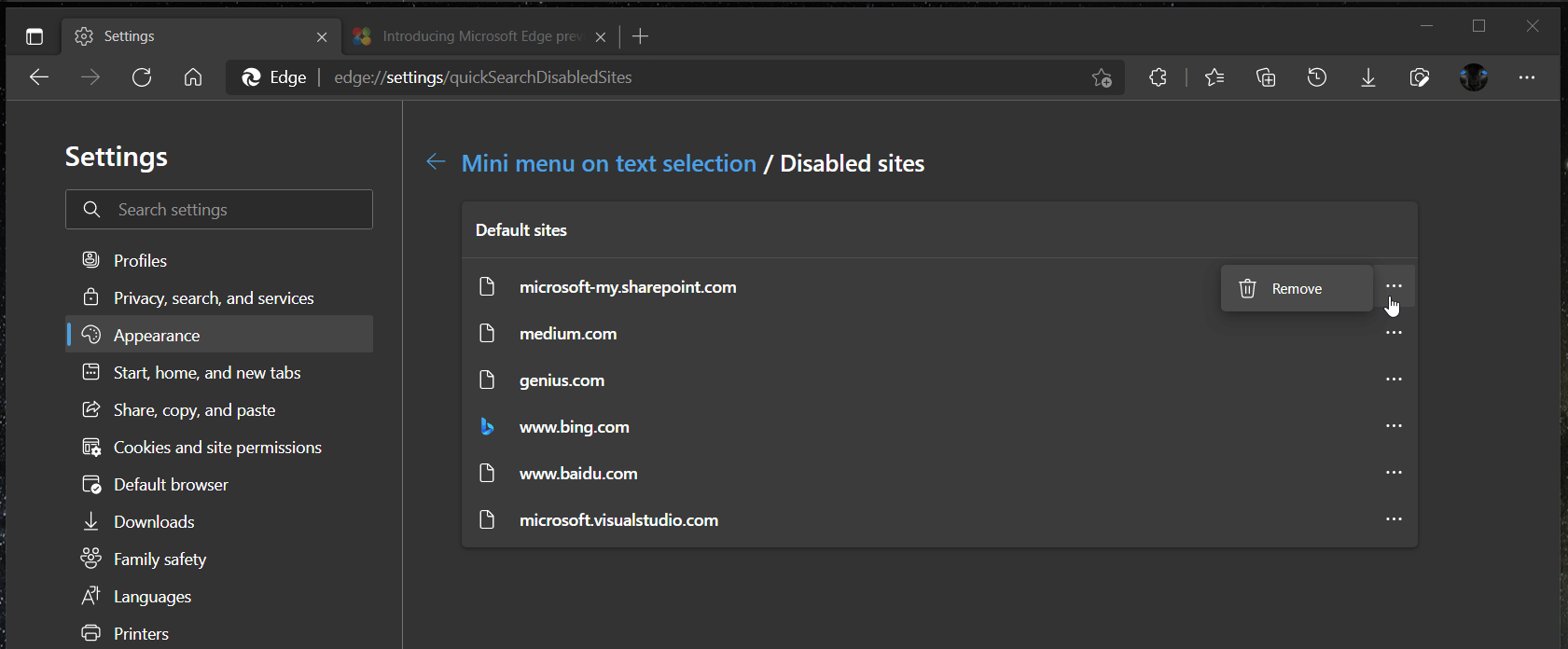 Disable Mini Menus For Specific Websites In Microsoft Edge