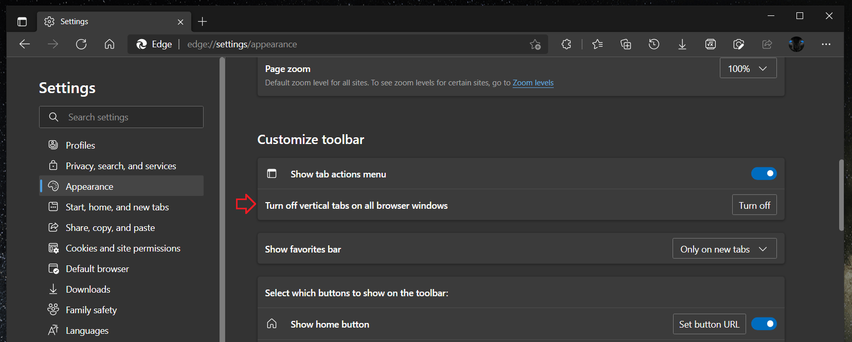 Edge Disable Vertical Tabs In All Open Windows