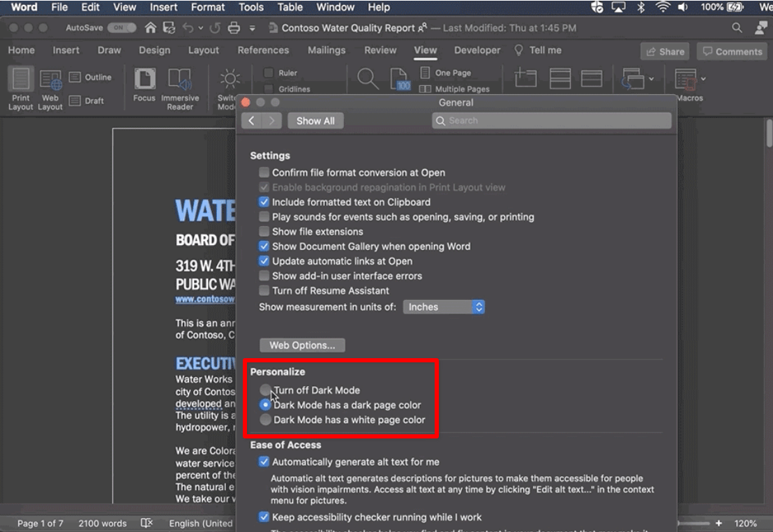 Enable Dark Mode In Word For Macos In App Preferences
