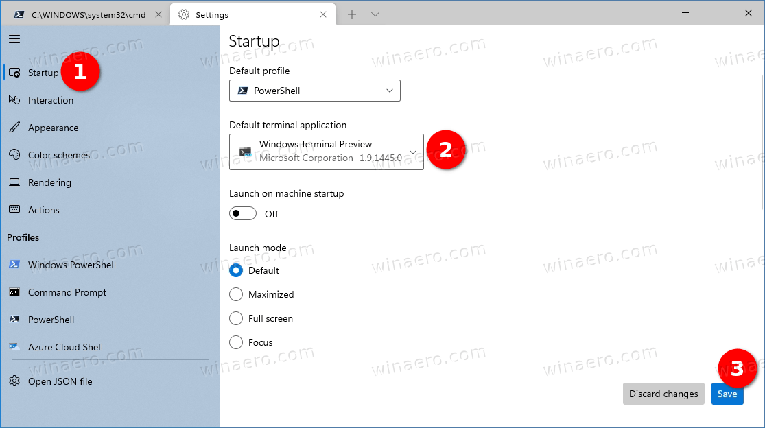 Установить приложение терминала по умолчанию в настройках терминала Windows