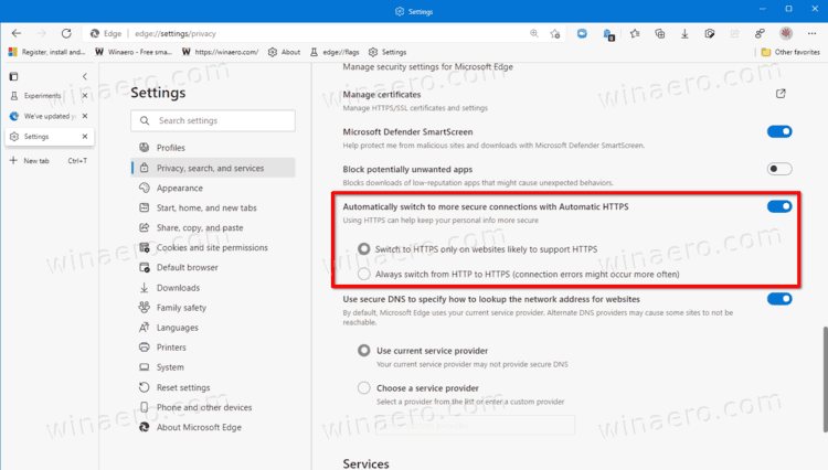 Turn On Automatic HTTPS For Sites In Microsoft Edge