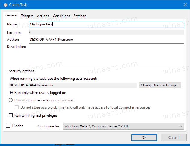 Windows 10 Name a task to run an app or script at logon