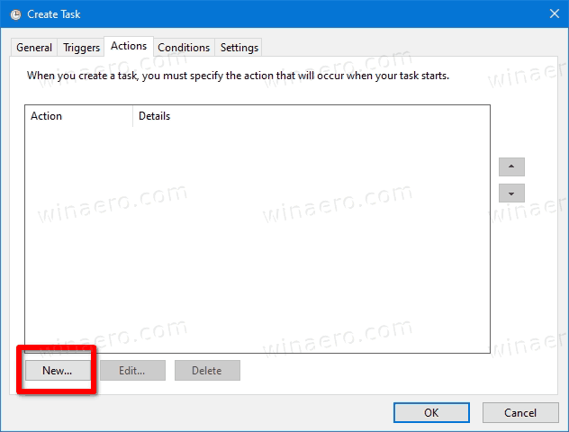 Windows 10 Task Scheduler New Action Button