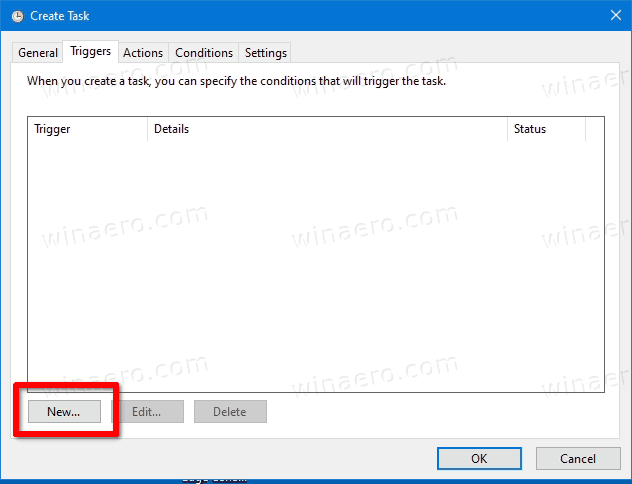 Windows 10 Task Scheduler New Trigger Button