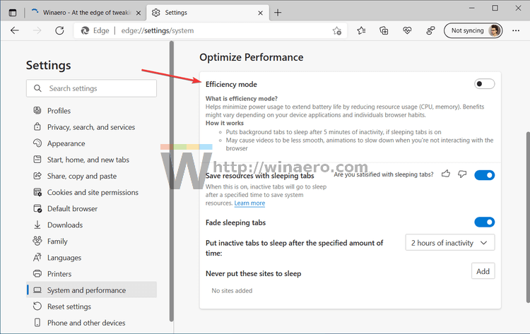 Enable the Performance button in Microsoft Edge