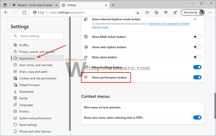 Hide the Performance button in Edge settings