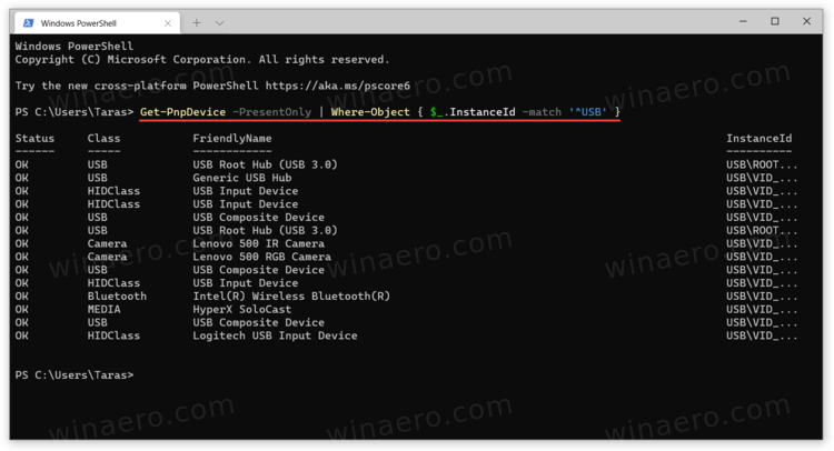 list attached devices command prompt windows 10