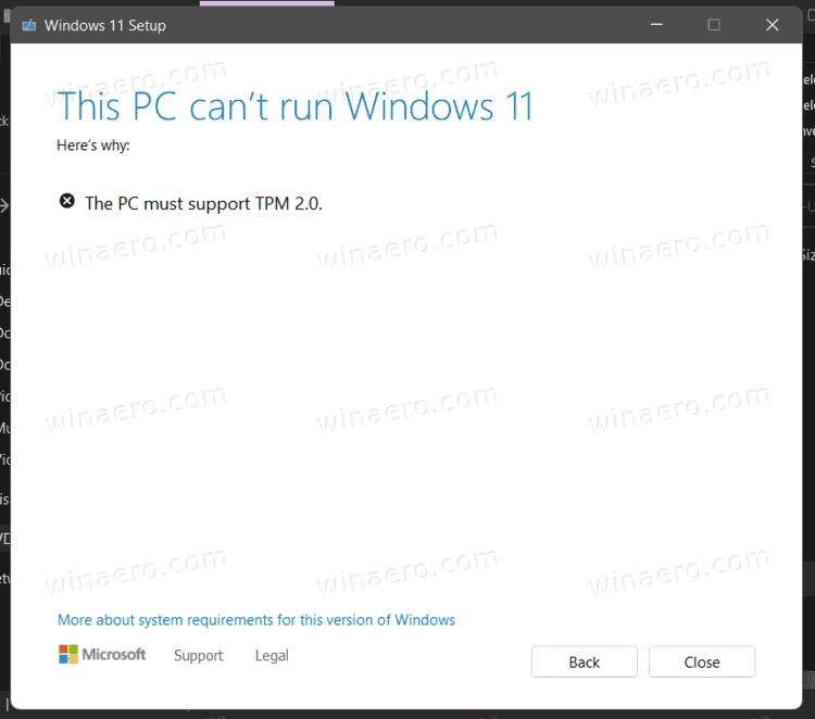 Windows 11 hardware compatibility test requires TPM 2.0