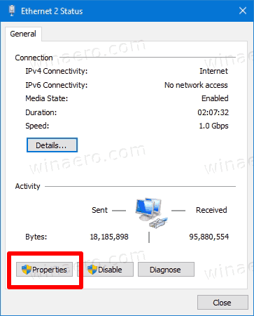 Network Connection Status Properties Button