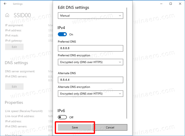 Сохраните настройки, чтобы включить DNS через HTTPS в Windows 10