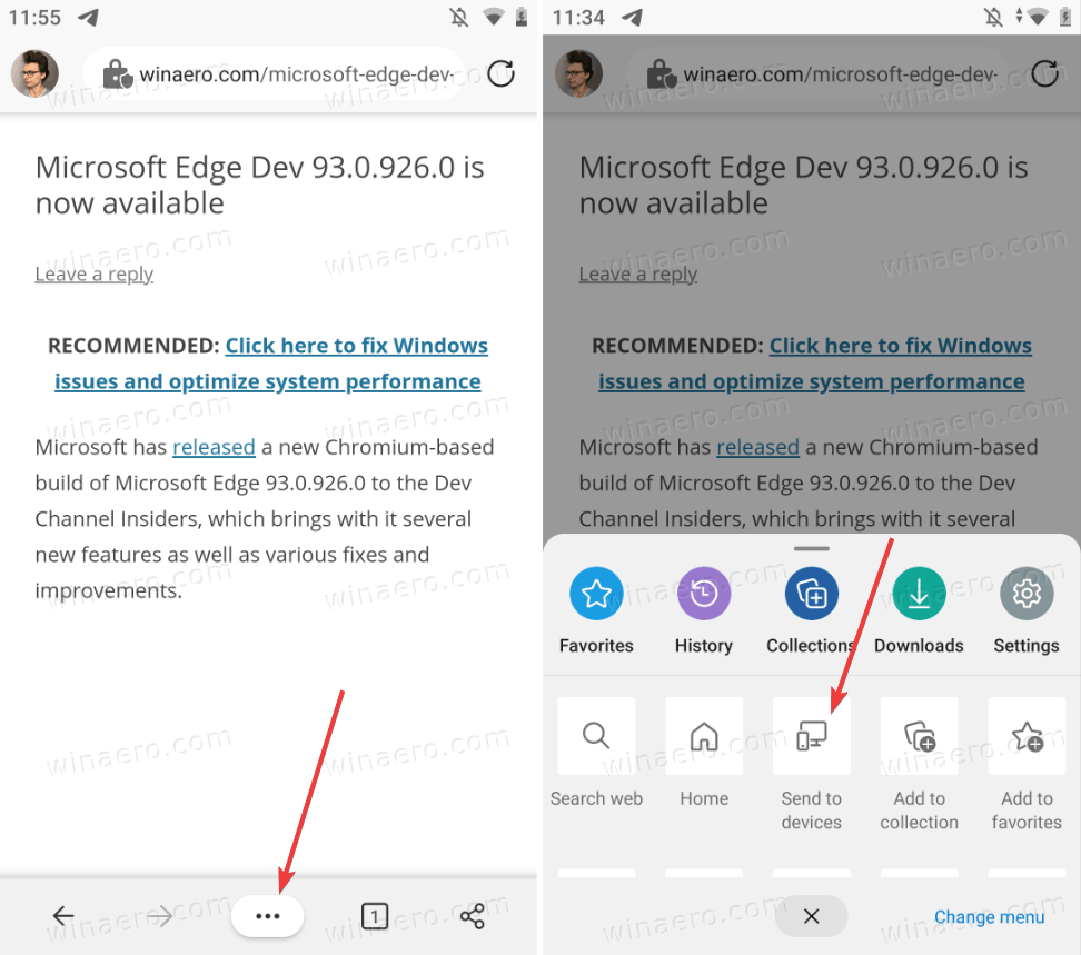 Отправить страницу из Microsoft Edge на Android на другое устройство