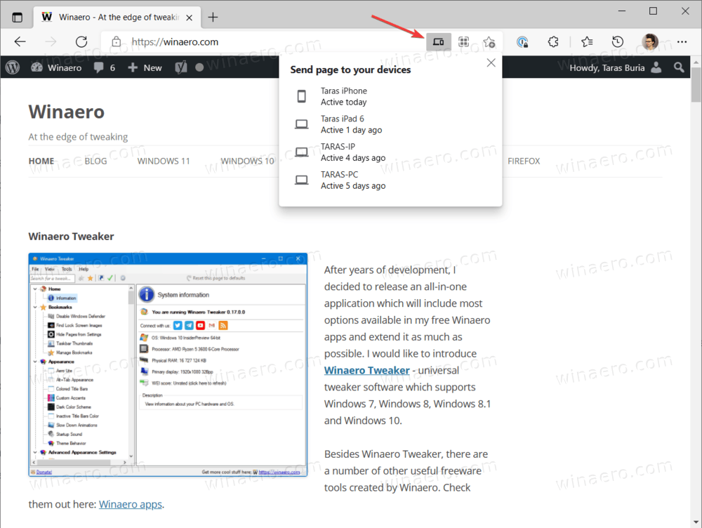 Send A Tab From Microsoft Edge On Windows