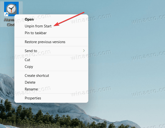 Unpin From Start Using Shortcut Menu