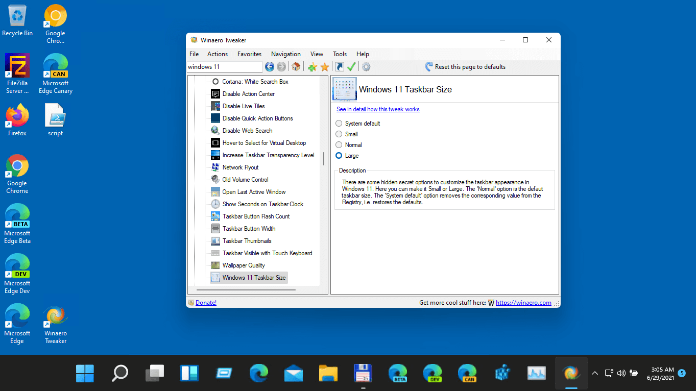 Winaero Tweaker Windows 11 Taskbar Size