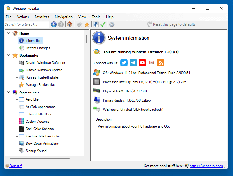 Winaero Tweaker Windows 11 Info Page