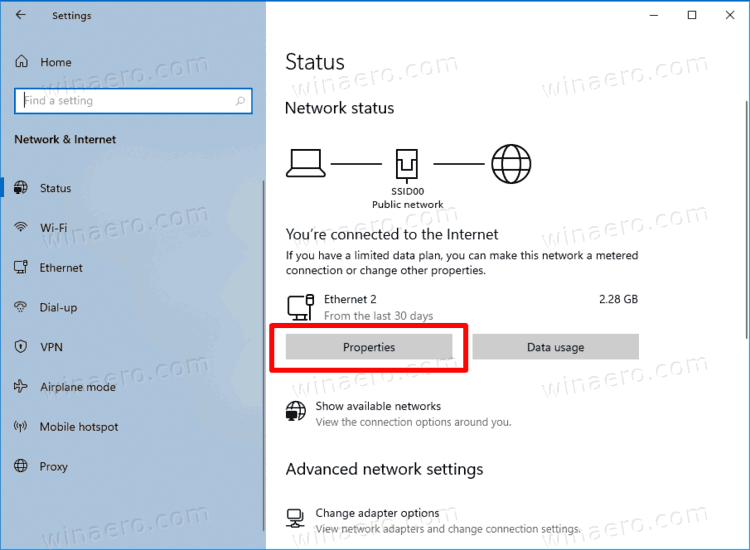 Кнопка свойств состояния сети и Интернета в Windows 10