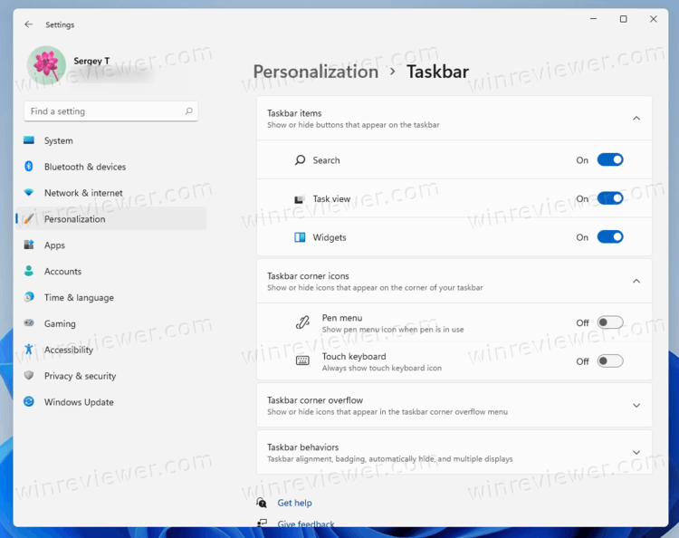 Windows 11 Settings Personalization Taskbar Section