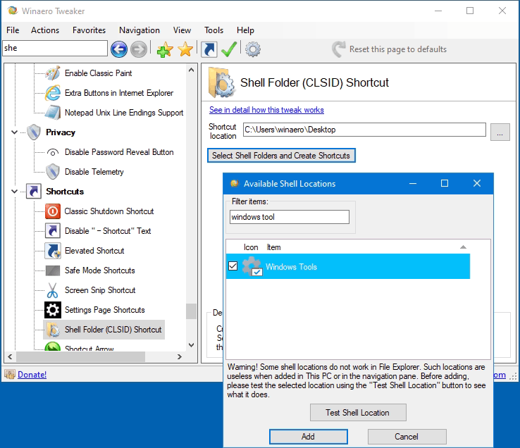 Windows Tools Shortcut With Winaero Tweaker