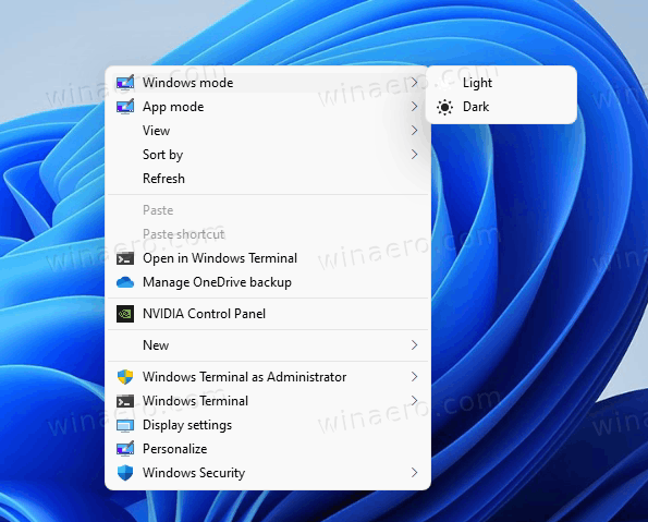 Enable Dark Mode in Windows 11 from context menu
