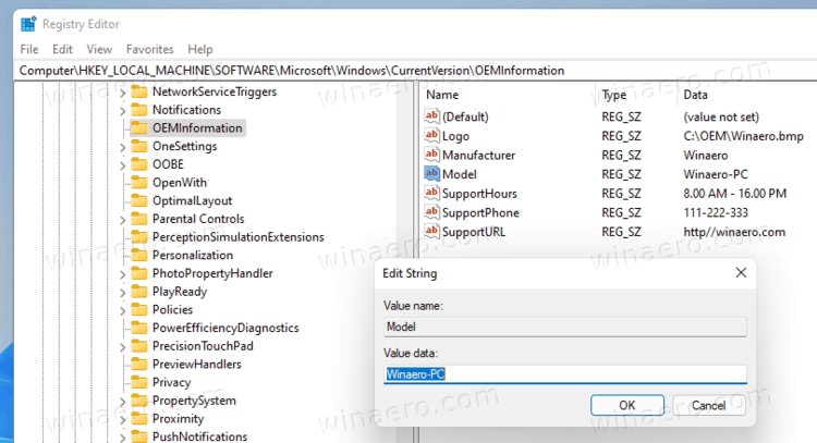 Edit OEM Support Information In Windows 11