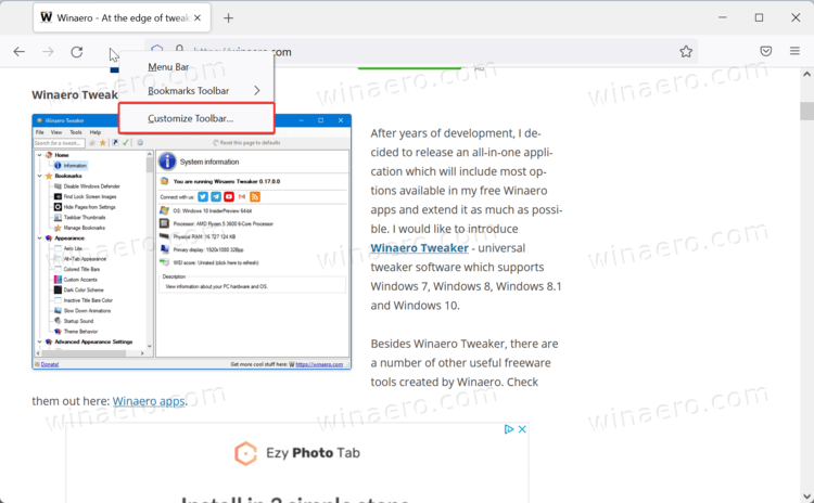 Firefox Customize Toolbar