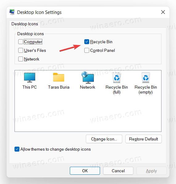 Скрыть значок корзины в Windows 11