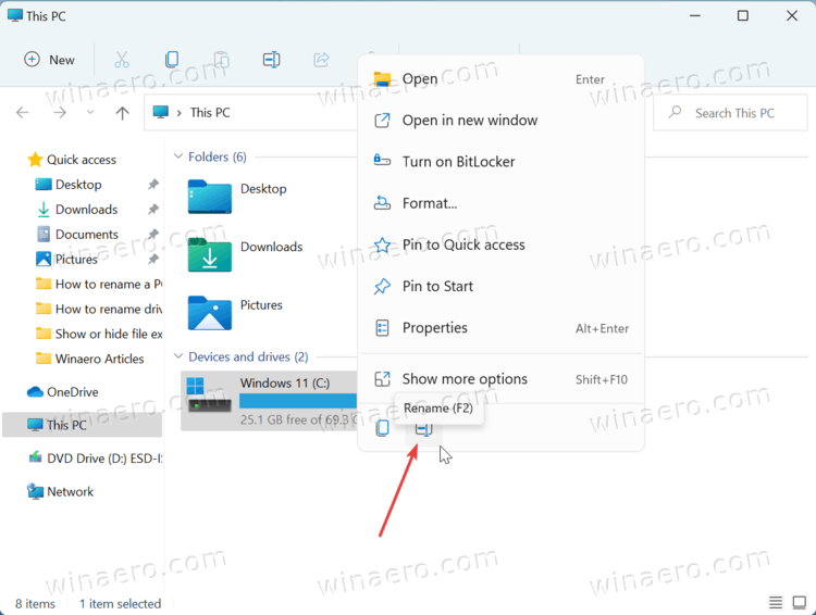 Переименовать диск в Windows 11 с помощью проводника