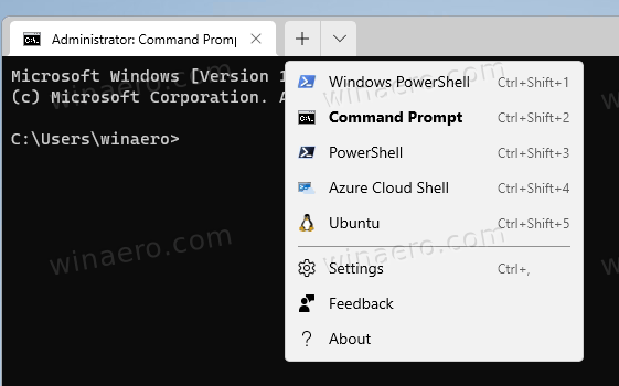 Select Command Prompt in the Windows Terminal menu