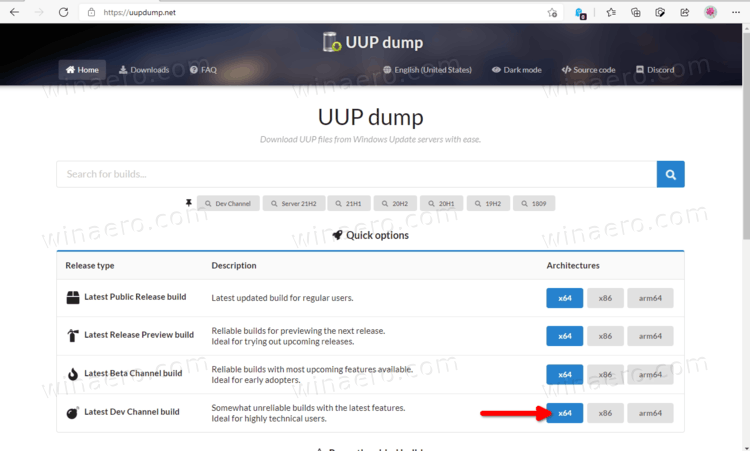 UUP Dump Select Channel
