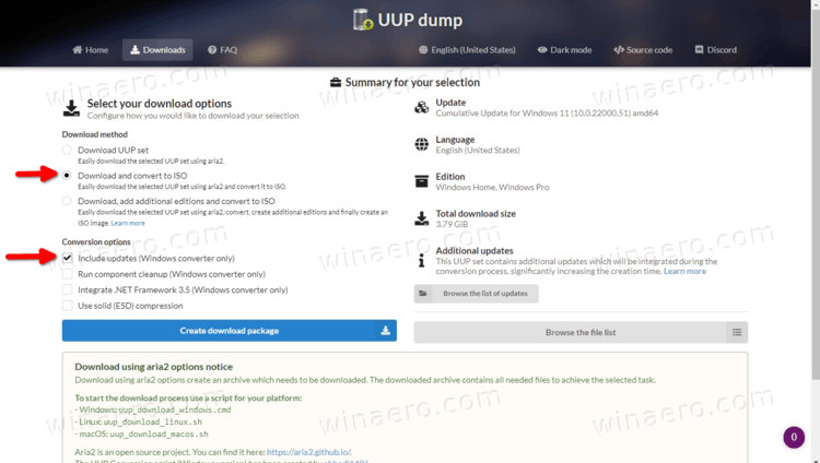 UUP Dump Select Converter Options