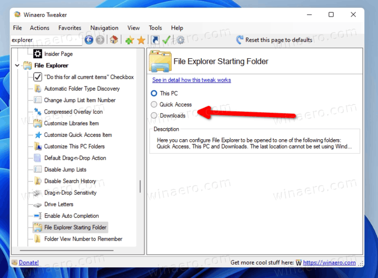 Winaero Tweaker Set File Explorer Startup Folder