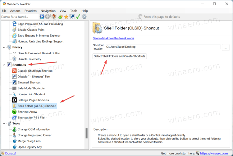 Winaero Tweaker Select Shell Folder