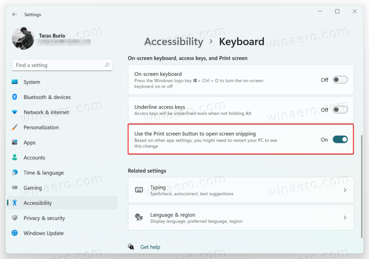 Windows 11 Enable Print Screen Key To Open Snip And Sketch