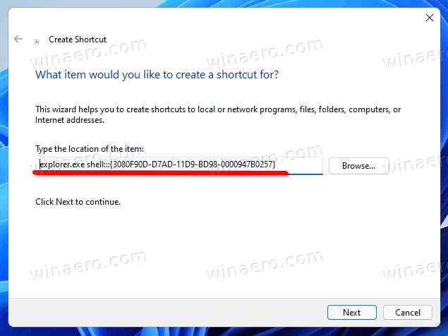 Команда оболочки Windows 11 в объекте ярлыкаКоманда оболочки Windows 11 в объекте ярлыка