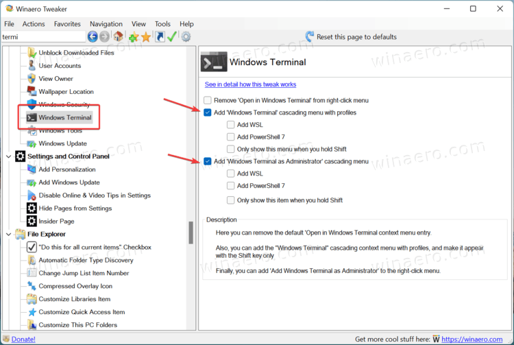 Параметры контекстного меню терминала Windows в Winaero Tweaker
