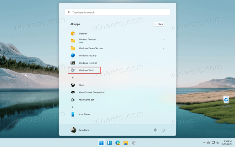 Элемент инструментов Windows в списке приложений