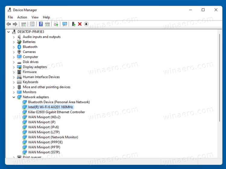 Device Manager Network Section