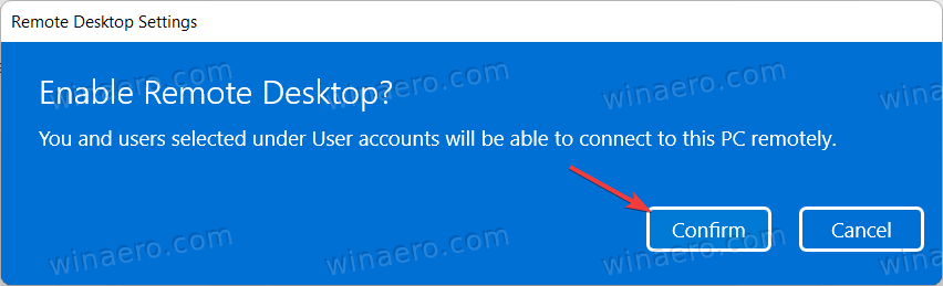 Confirm Enable RDP In Windows 11