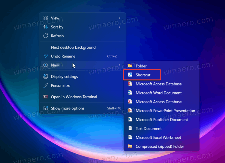 Desktop Menu New Shortcut