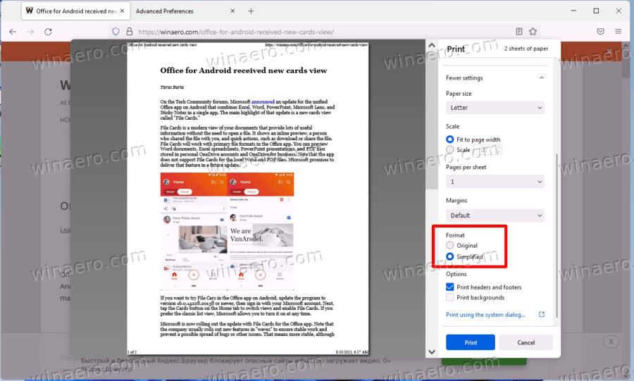 Firefox 91 Simplified Print