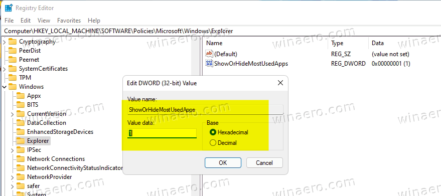 Show Or Hide Most Used Apps In Windows 11 Registry