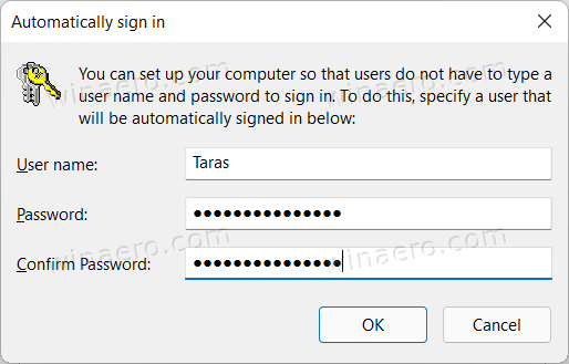 Автоматический вход в Windows 11 Подтвердите свой пароль