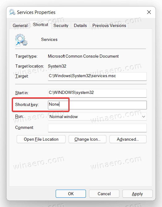 Windows 11 назначает горячую клавишу для ярлыка служб