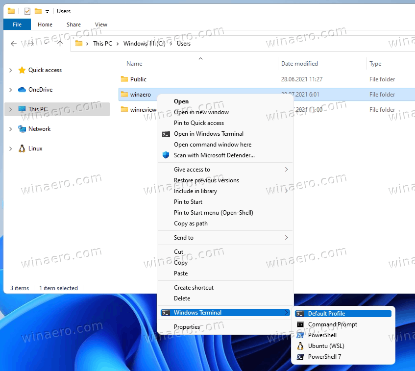 Контекстное меню профилей терминала Windows