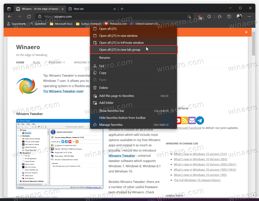Open Bookmarks As Tab Group in Microsoft Edge