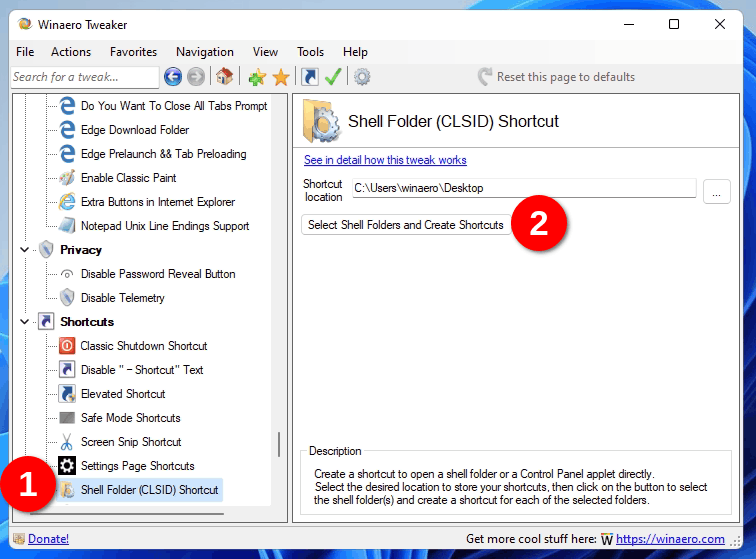 Select Shell Folder In Winaero Tweaker