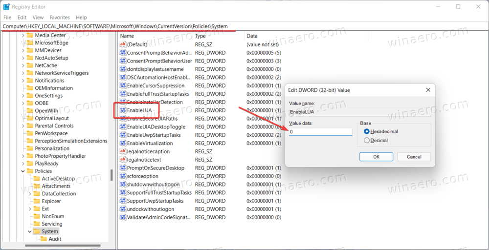 Отключить контроль учетных записей пользователей в реестре Windows 11